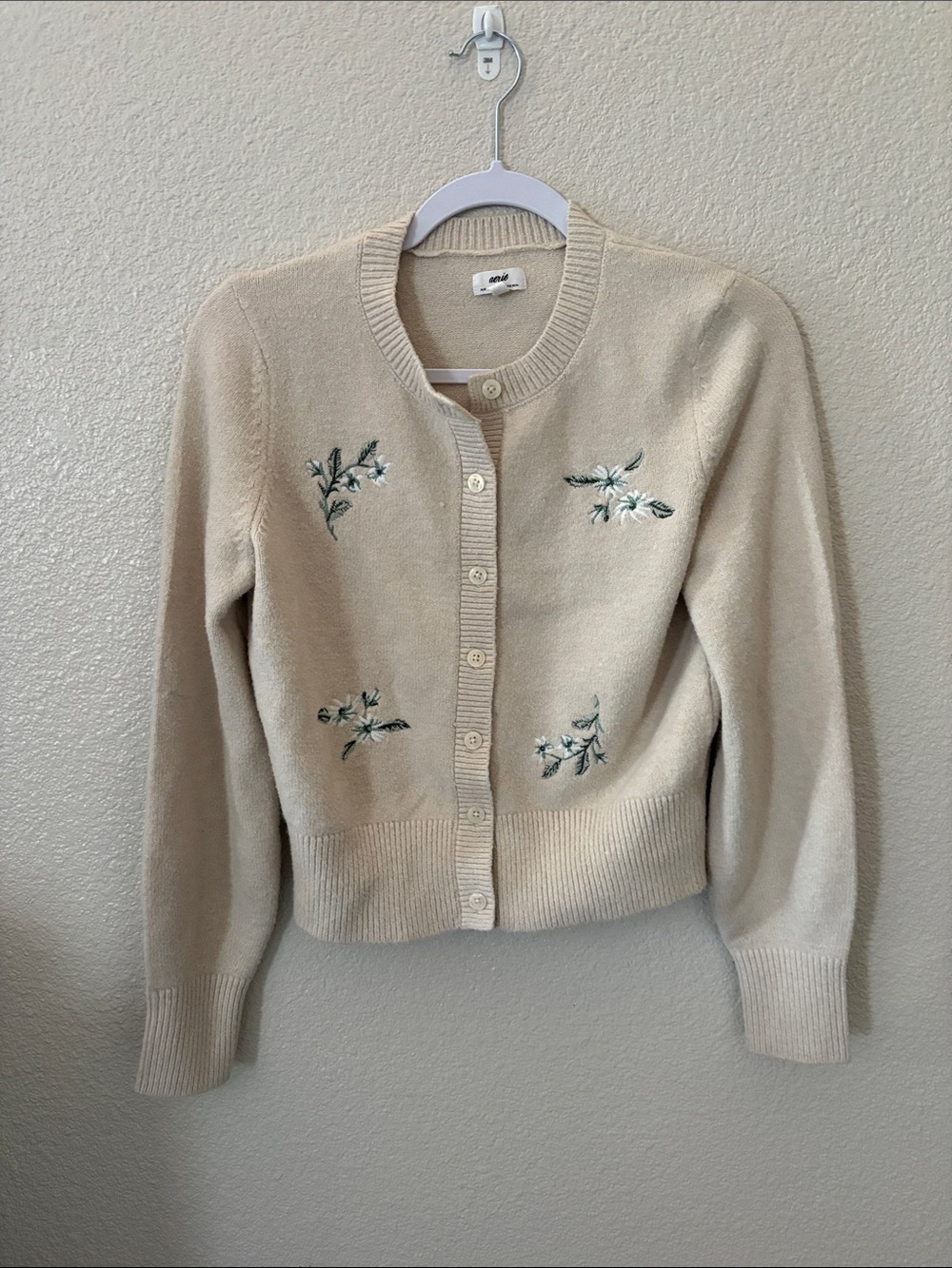 Aerie Cream Embroidered Button-Front Women's Sweater Cardigan - Picture 2 of 14